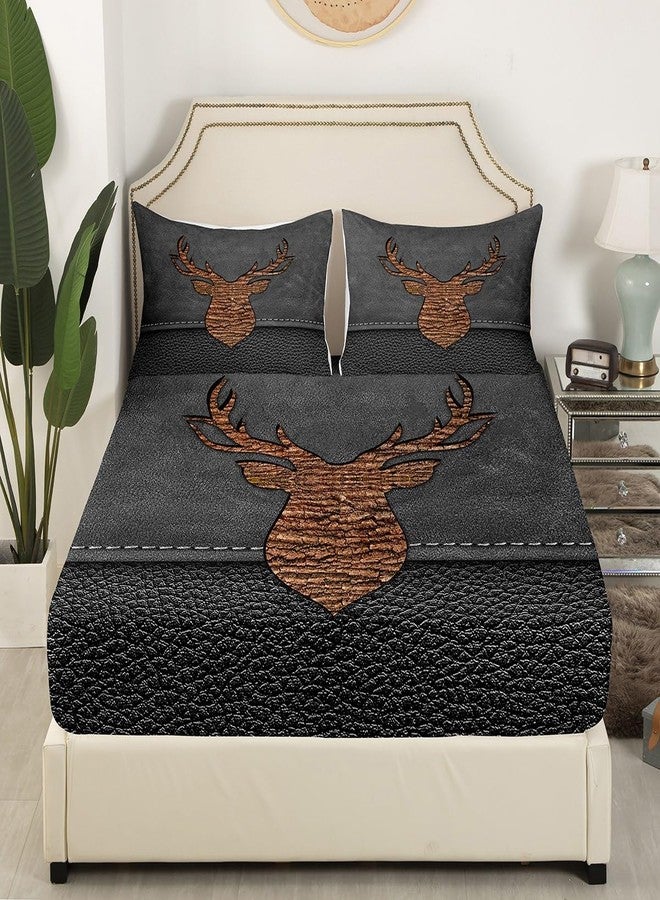 Homewish Rustic Deer Bed Sheet Set Queen Size,Retro Farmhouse Deer Antler Bedding Set for Children Adult,Brown Wooden Grey Cowhide Print Sheet Sets with Flat, Fitted Sheet, 2 Pillowcases - Image 3